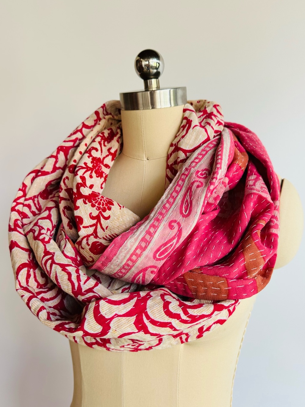 World Market Kantha Patchwork Infinity Scarf Floral Paisley Boho Reversible - Picture 3 of 9